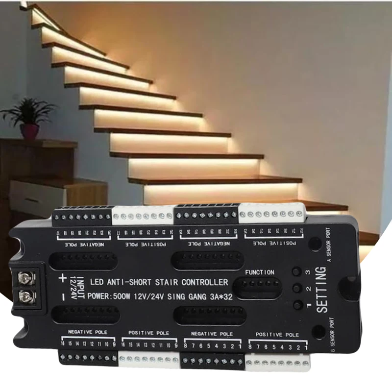 32 Channel LED Stair Light Controller with Motion Sensor, Automatic Dimming System for Indoor Stairs, DC12V-24V