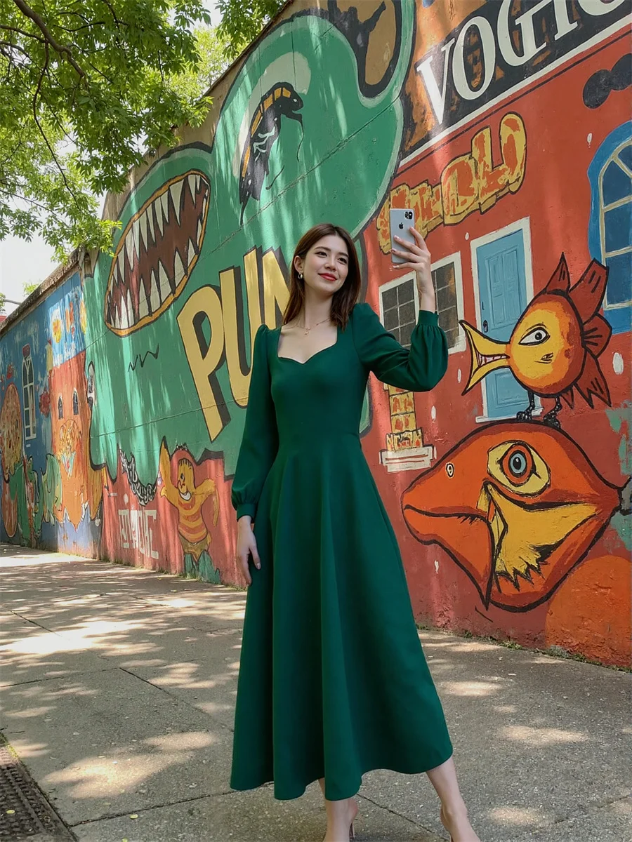 Women'S Autumn Dress Korean Style Long Sleeve Square Collar Side-Slit High-Slit Splited Splitting Cut-Out Cutout Hollow-Out