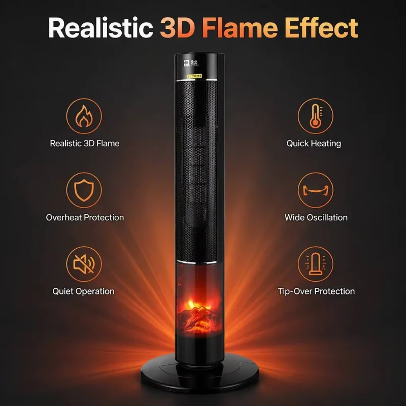 Smart Vertical PTC Fan Heater with Simulated Flame Remote Control Quick Heating for Bathroom