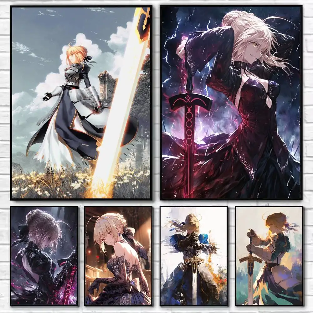 

S-Saber fate fanart Poster Self-adhesive Art Waterproof Paper Sticker Coffee House Bar Room Wall Decor
