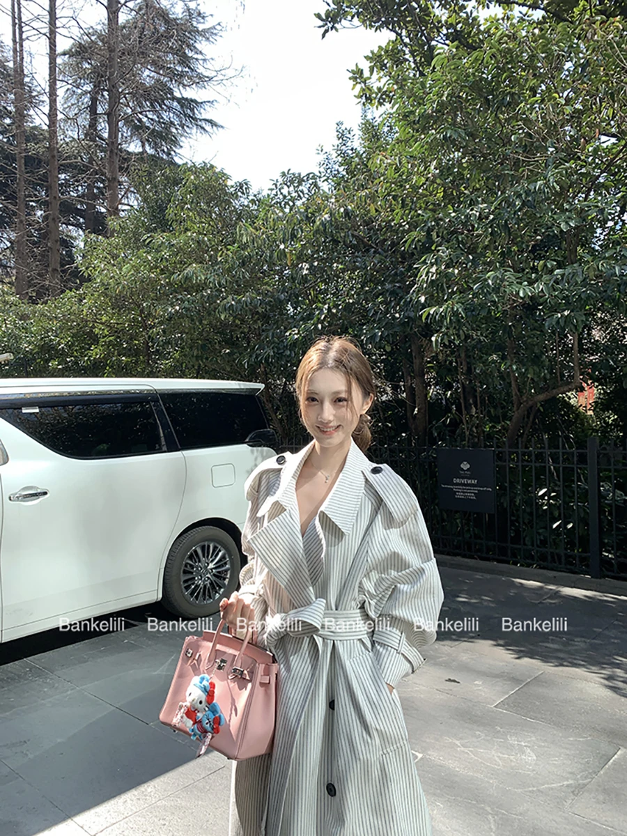 

Lautaro Spring Autumn Long Striped Trench Coat for Women with Long Raglan Sleeve Belt Loose Casual Luxury Clothes Overcoat 2025