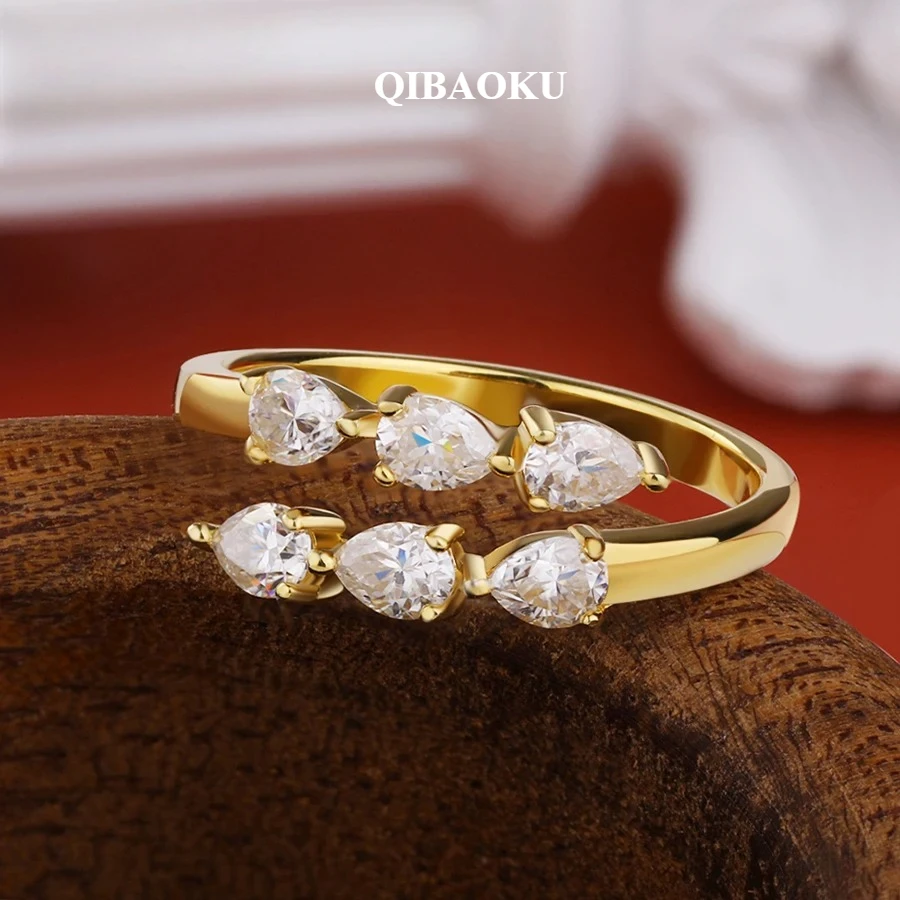 QIBAOKU Water Drop All Moissanite Rings 100% S925 Silver Double Row Pear Cut Diamond Open Ring For Women Wedding Jewelry 2026
