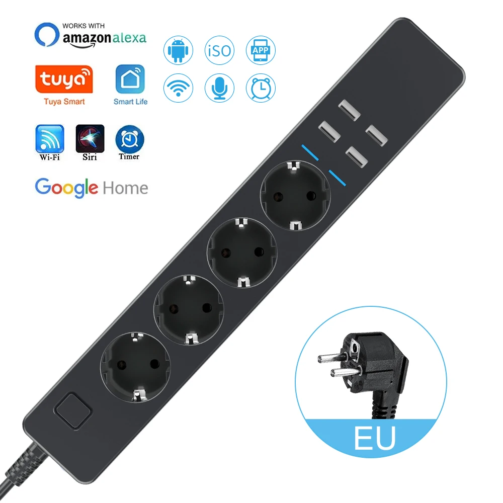 Wifi Smart  Power Strip 4EU  4USB Outlets Plug 5V3.1A Charging Port Timing Bluetooth Control with Alexa Google Home Assistant