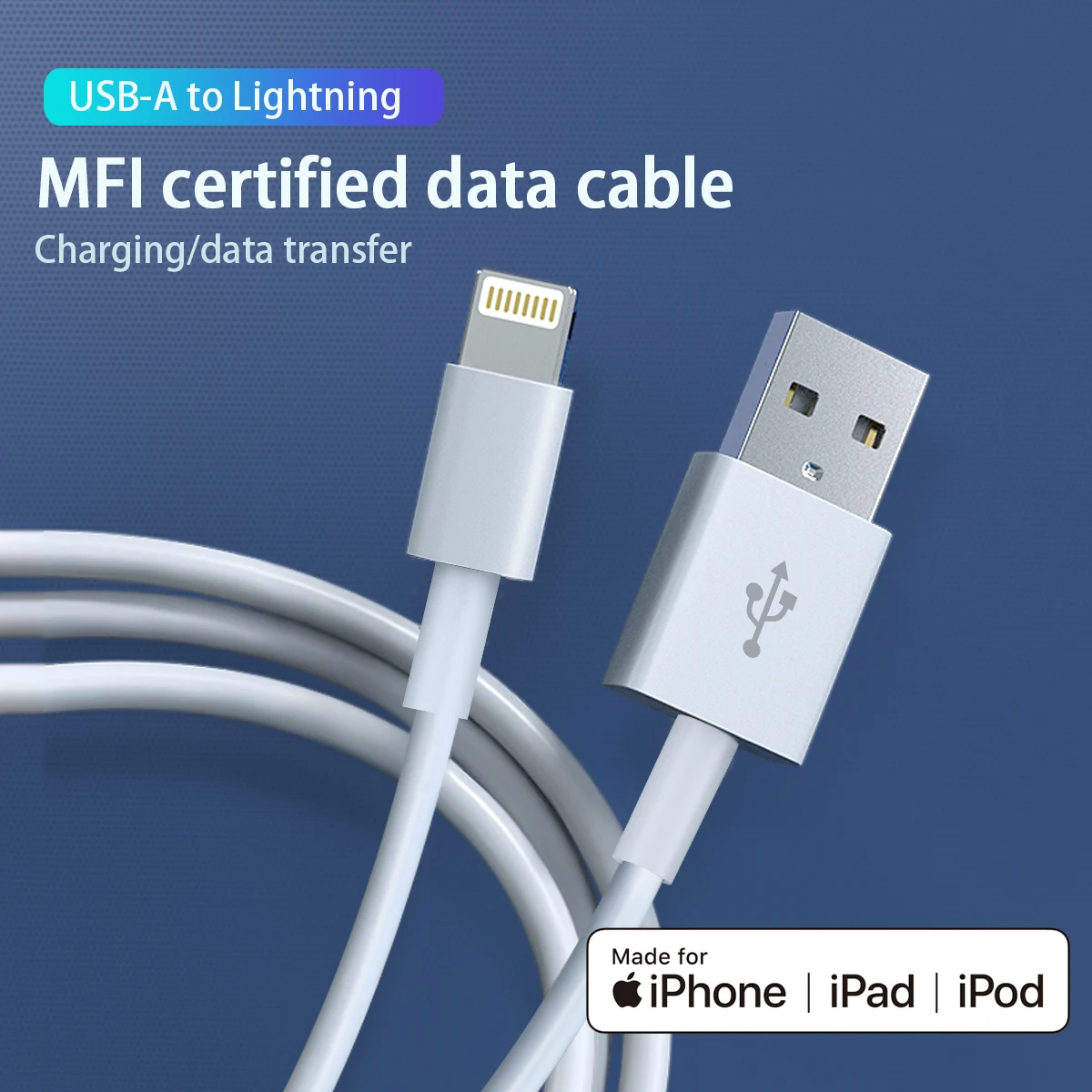 White 3.3FT USB-A to Lightning ABS Charger Cable MFi Certified Charger for Apple iPhone 14 13 12 11 X Xs Pro Max Plus iPad