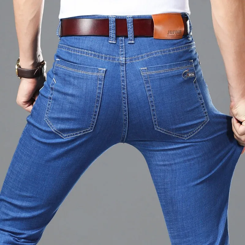 

Spring Summer Thin Denim Jeans Men Light Color Loose Straight Leg Elastic plus Size Youth Fashion Urban Style High Waist Zipper