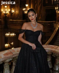 Jessica Black Glitter Prom Dresses Off-the-shoulder Shiny Evening Dress Wedding Dress Princess Party Dress 2024 فساتين السهرة