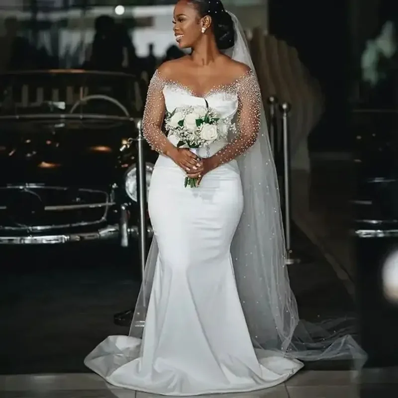 Superbe Robe de Mariée Personnalisée avec Perles Kendny, Col Rond, Manches sulf, Corset Africain au Dos, pour Patients