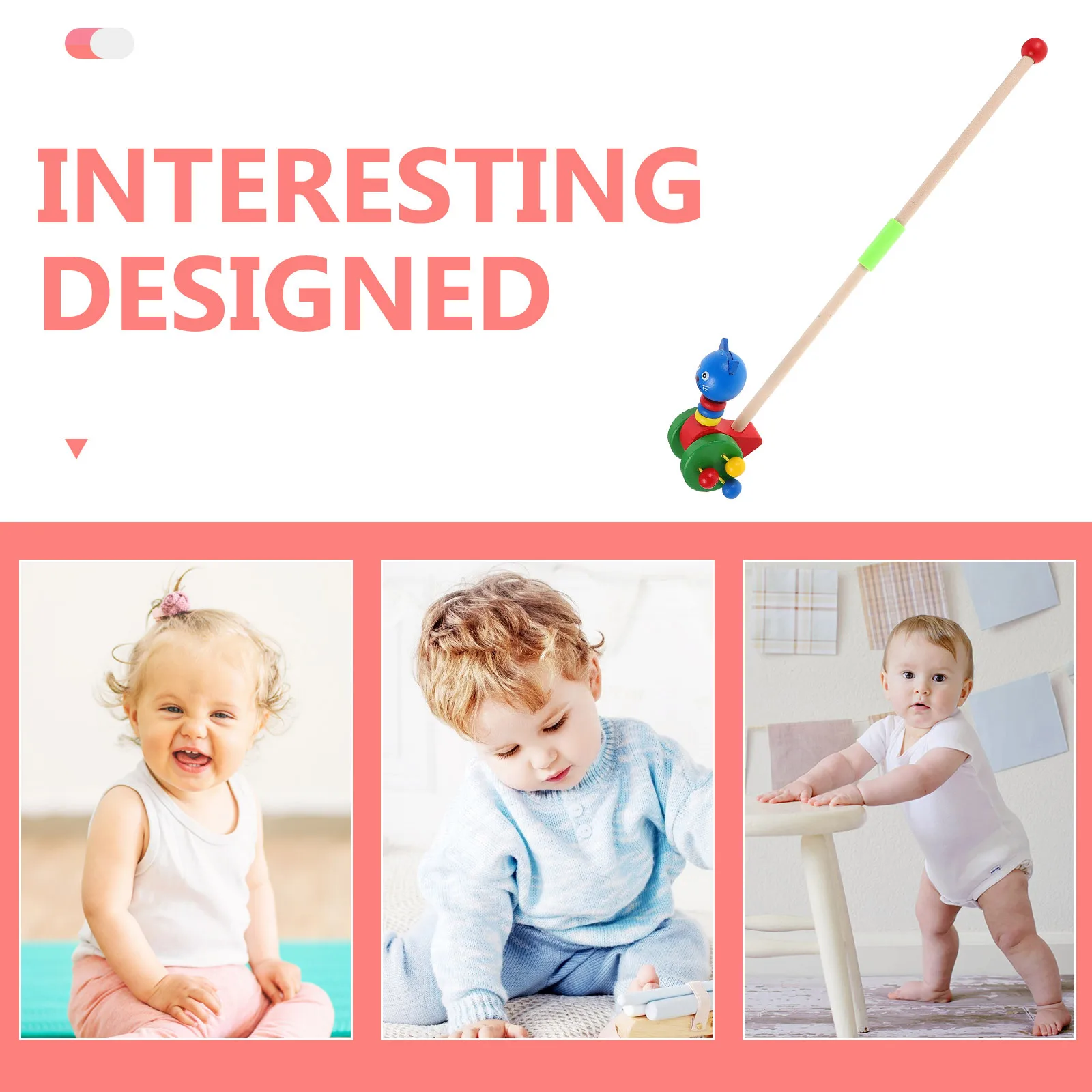 Wooden Baby Push With Cute Cartoon Animal Design Safe Rounded Edges Toddler Walker Encourages Motor Skills Pull Cart For