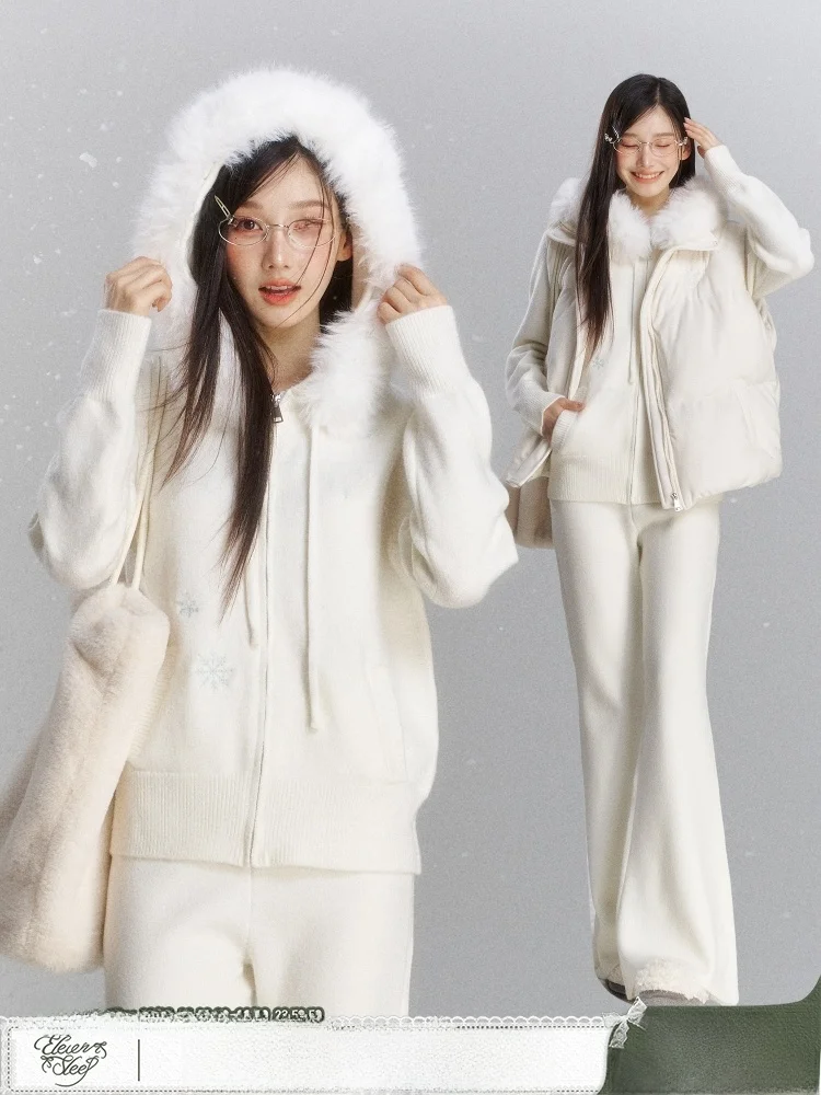 

Korean Sle Women's Knitted Hat Coat Embroidered Warm Fur Collar Sweater Cardigan Thi Winter Outerwear ELEVEN SP