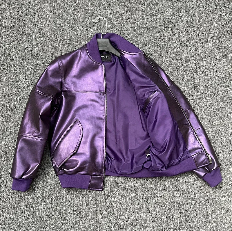 Purple Sheepskin Baseball Jacket 2024 Men Streetwear Long Sleeve Trend Casual Slim Leather Coats Male Clothes Motorcycle