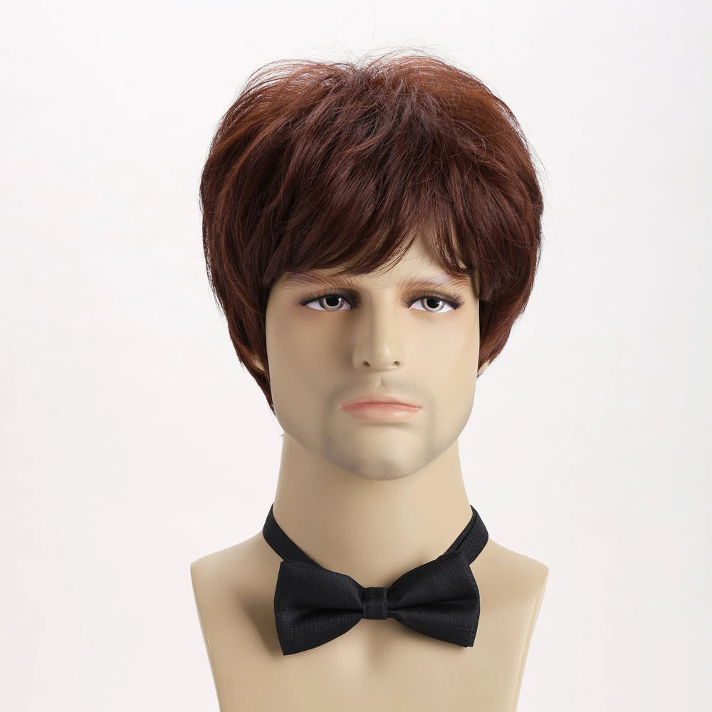 10 Inch Brownish Red Natural Synthetic Wigs For Men Short Curly Wig Daily Halloween Christmas Music Festival Use Heat Resistant