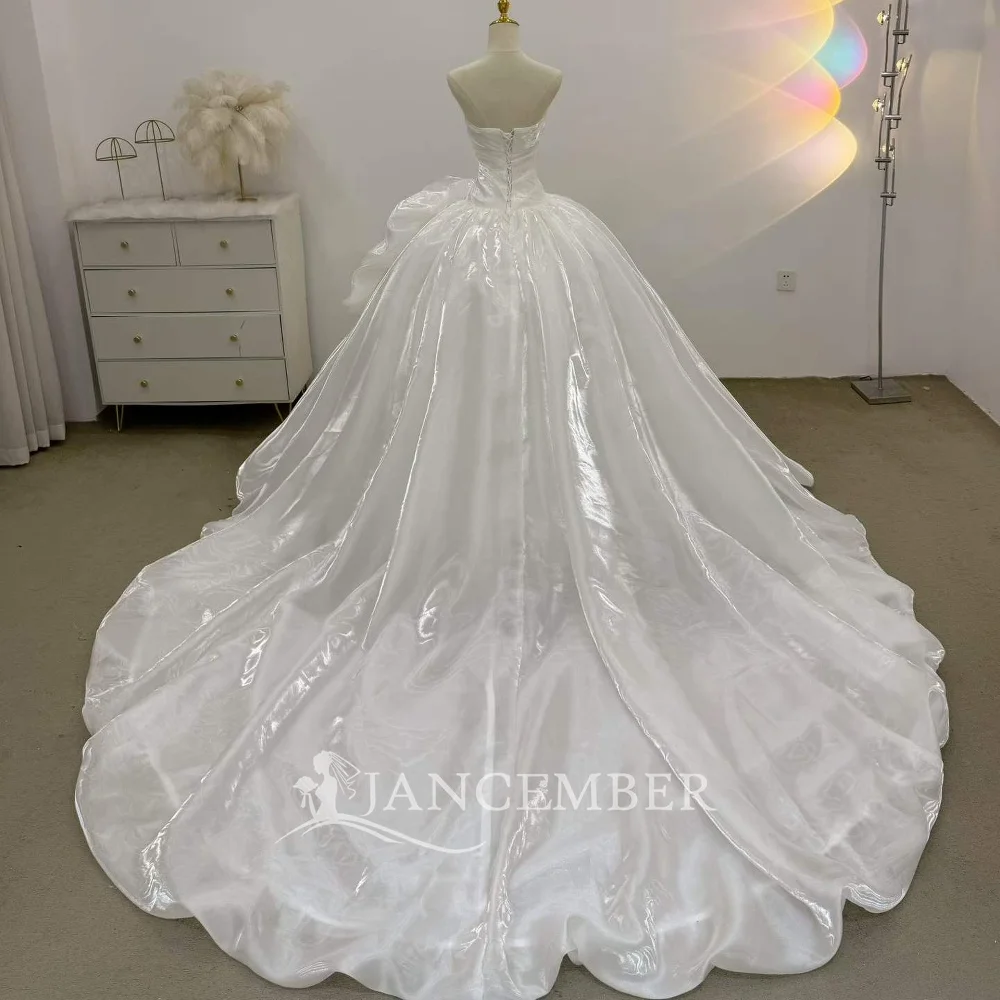 Opulent Wedding Dress White Satin Ball Gown Customized Strapless Ruched Lace Appliques Chapel Train vestidos de novia boda