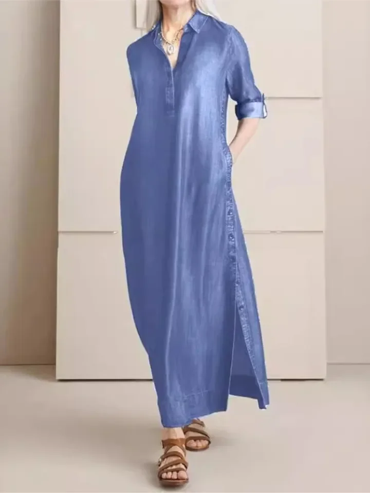 فستان كاجوال من قماش الدنيم للنساء، بلوفر سادة بأكمام طويلة، فساتين فضفاضة، رداء نسائي أنيق للعطلات المكتبية