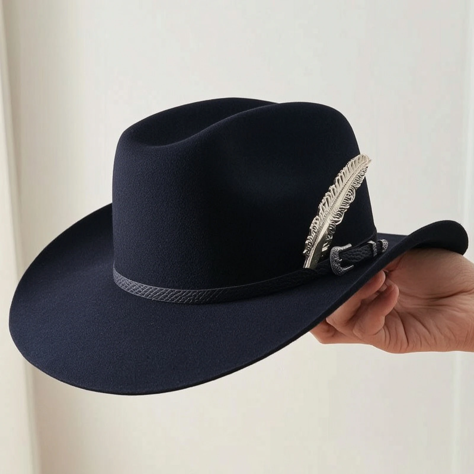 Wool Hat Wide Brim Hat with Feather Fedora Structured Crown Dressy for Riders, Stage Performances, Costume Parties