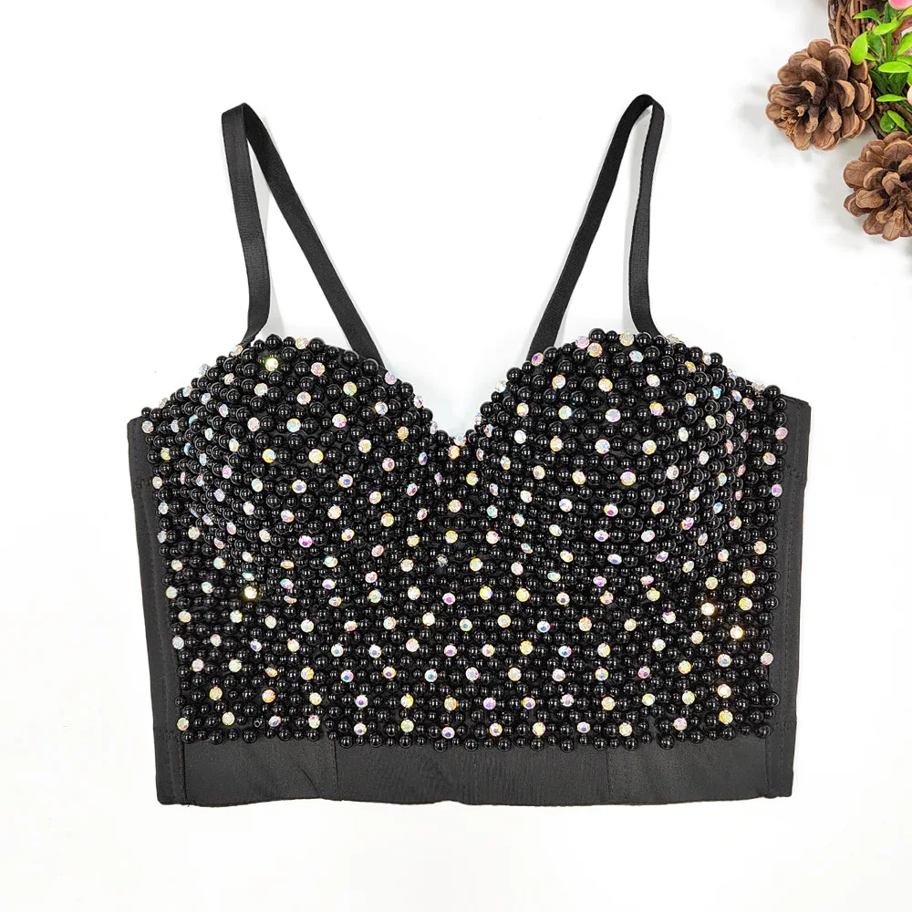 SsTss Pearls Beading Rhinestone Glittering Tank Top Women Clothes Elegant Push Up Night Party Bustier Bra Ladies Corset Crop Top