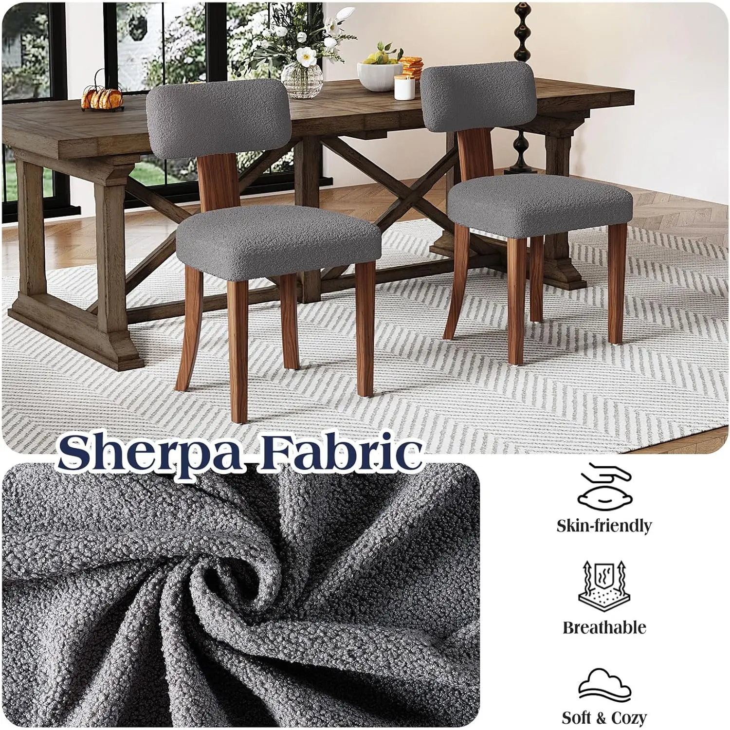 Conjunto de 4 cadeiras de jantar modernas de meados do século, cadeiras de cozinha estofadas Sherpa com encosto curvo Sherpa cinza