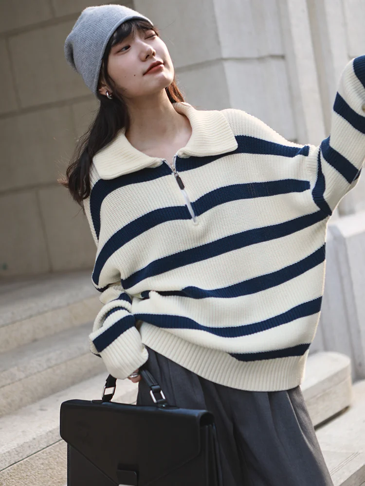 Collar Retro Polo Navy Striped Sweater Lazy and Loose Knitted Korean Style Sweater Autumn and Winter