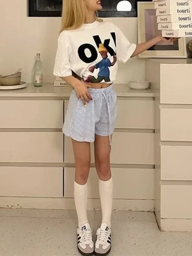 Pantalones cortos a rayas Y2k para mujer, prendas de vestir Harajuku, pantalones cortos azules con cintura elástica, moda coreana de los años 2000, pantalones Retro informales Vintage Y2k