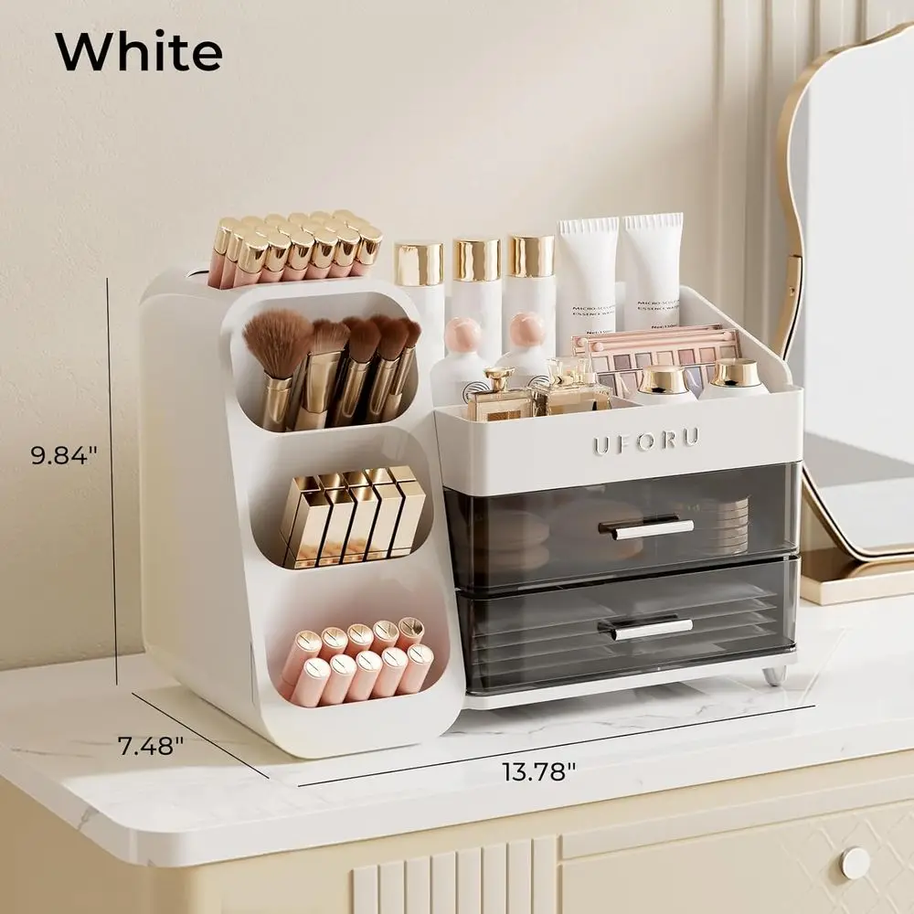 Makeup Organizer Countertop Vanity Bathroom | Large Capacity, Thickened Plastic, 2 Clear Drawers, Compact Size, Detachable Brush view 4