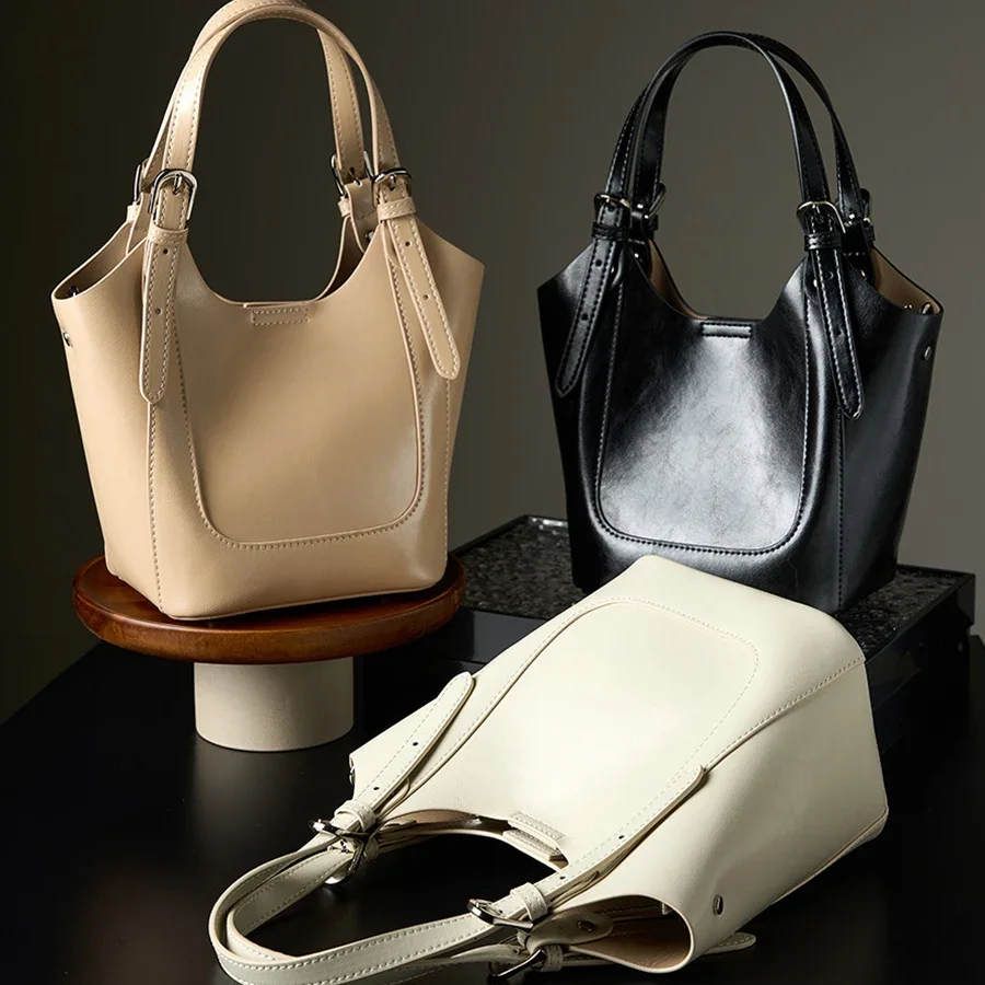 

Женские сумки-корзины из воловьей кожи, сумка-ведро из натуральной кожи, большая вместительная однотонная сумка-тоут с верхней ручкой, сумки через плечо