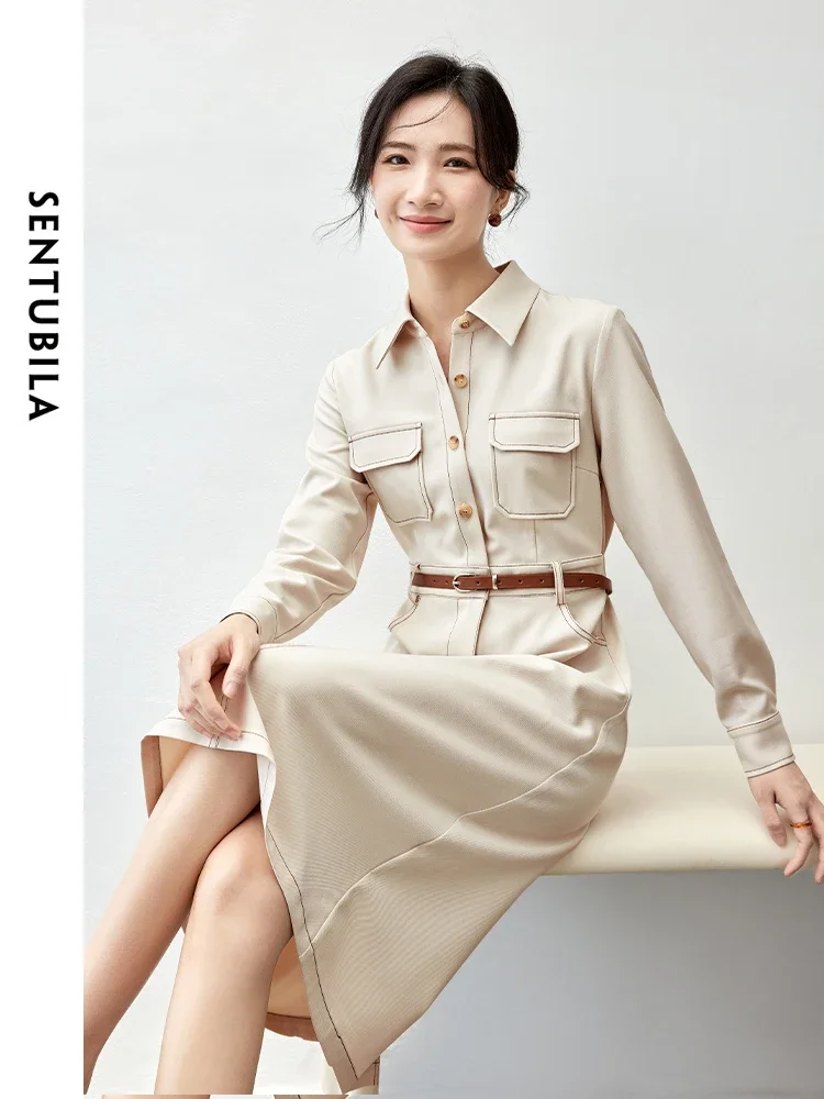 SENTUBILA Straight Dress for Women 2024 Autumn Patchwork Sashes Turn Down Collar Long Sleeve Office Lady Simple Dress 143L56807