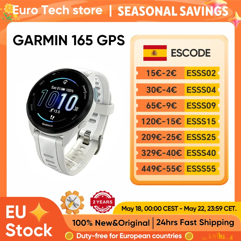 Reloj Inteligente GARMIN Forerunner 165 de 43 mm para Correr, Pantalla Táctil AMOLED de 1.2 Pulgadas, Versión GPS con Más de 25 Deportes