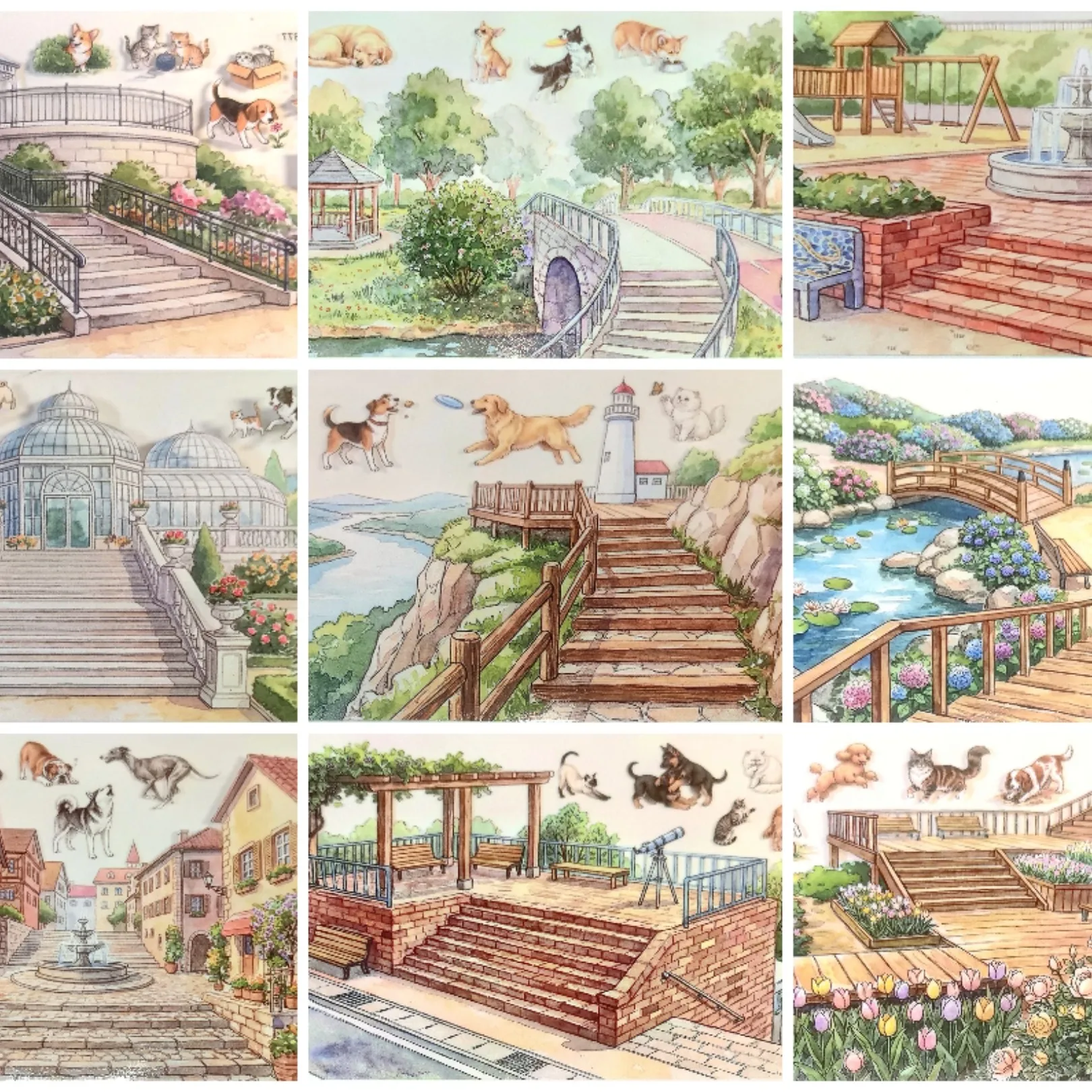Small town walk, wind, mobile phone back card, landscaping, hand account collage, washi tape