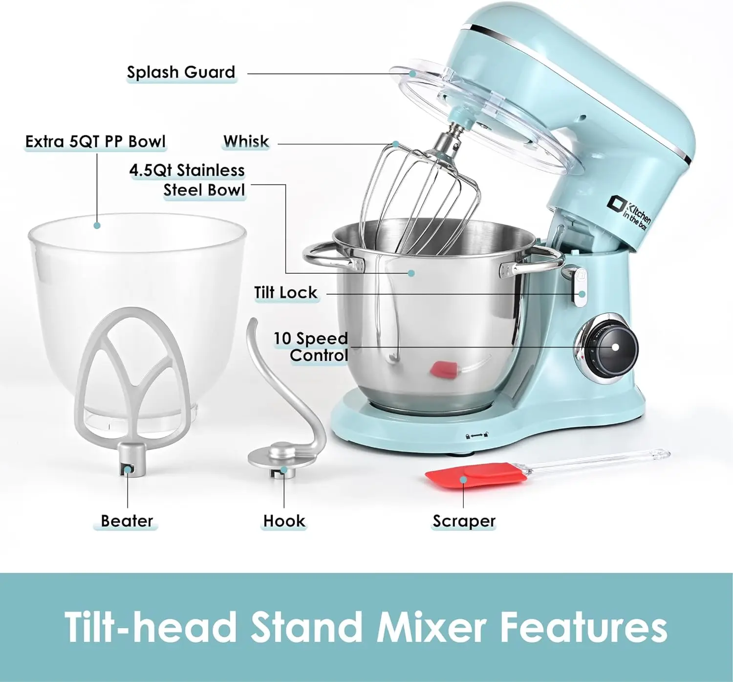 Kitchen in the box Stand Mixer, 4.5QT+5QT Two bowls Electric Food Mixer, 10 Speeds 3-IN-1 Kitchen Mixer for Daily Use with Egg W