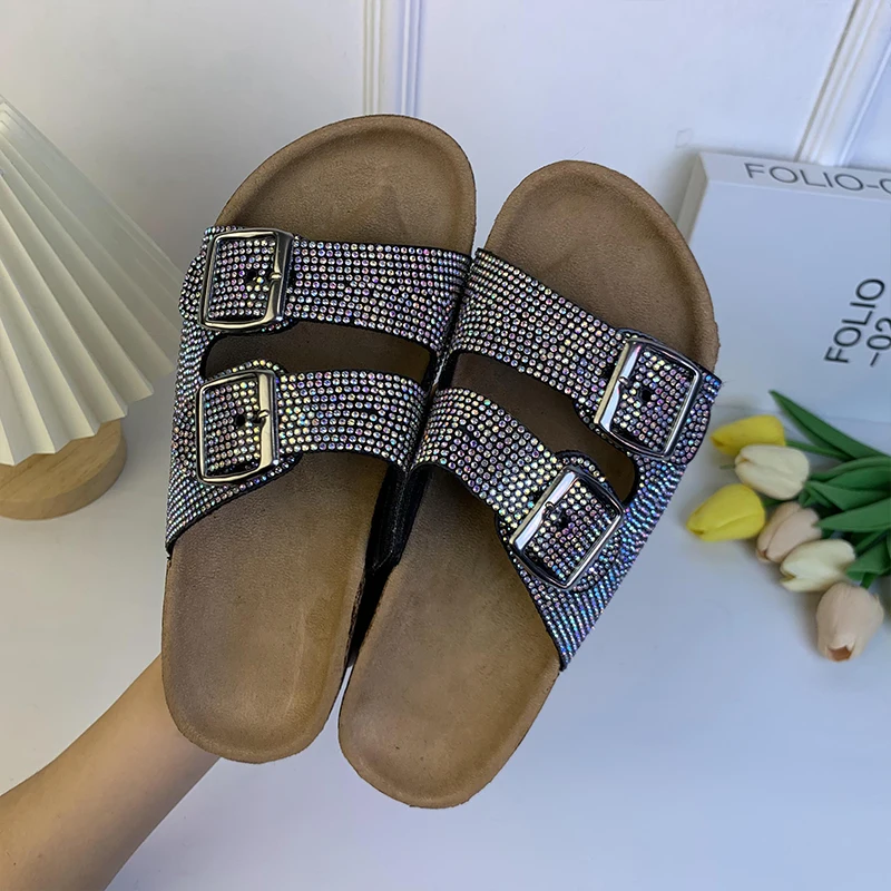 Fashion Imitation WoodGrain Sandals Women Diamond Sequins Double Buckle Women\'s Flat Slippers Fall and Winter New Shoes