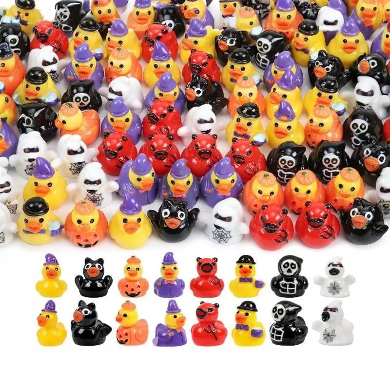 8Pcs Mini Resin Halloween Duck Ghost Figurines Bulk Set Adorable Small Statues for Table Ornament Holiday Party Favors