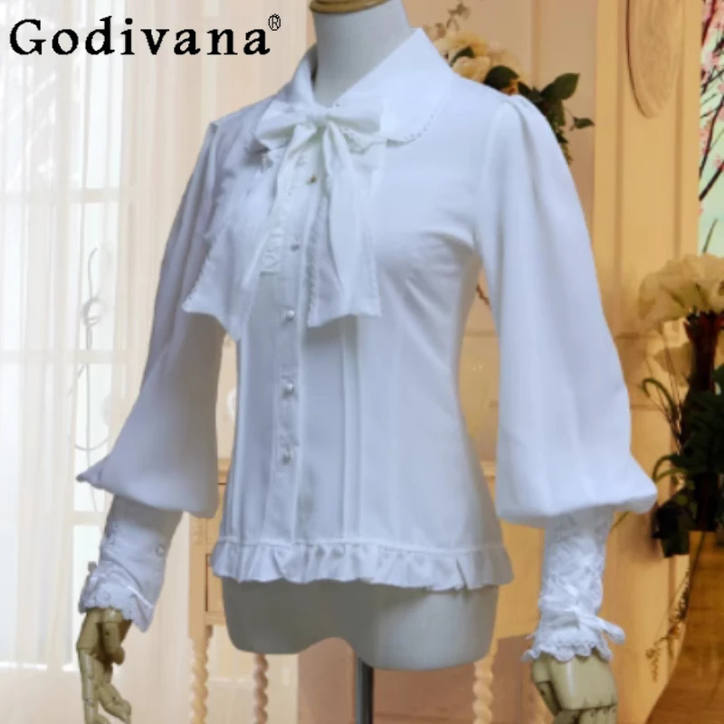 

Japanese European Retro Lantern Sleeves Golden Penh Chiffon Lolita Blouse Girl Sweet Bow Turn-down Collar Long-sleeved Shirt