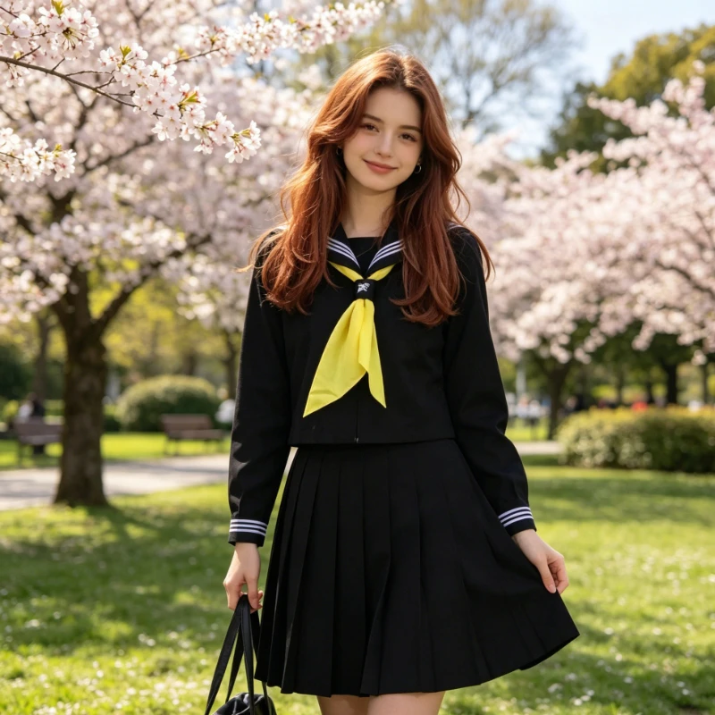 Japanese Black Three Book Sailor Uniform Women's Classic School Supply Middle Coat Top Solid Color Uniform Skirt Two-piece Set