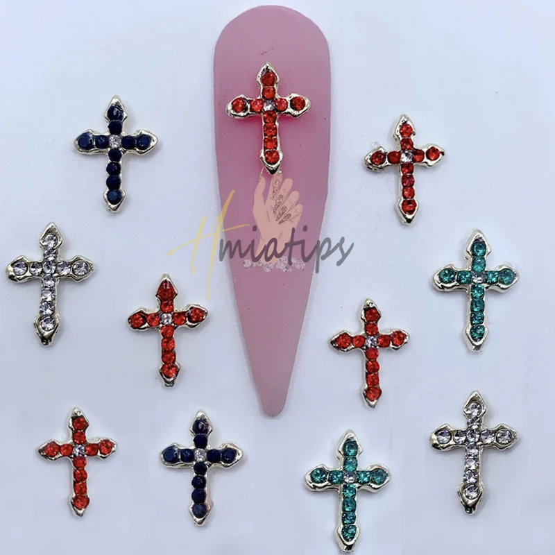 สีชมพูร้อน10Pcs Cross เล็บ Charms Luxury Alloy Cross DIY Glitter 3D เล็บการตกแต่งศิลปะเครื่องประดับหัตถกรรม Rhinestone อุปกรณ์เสริม