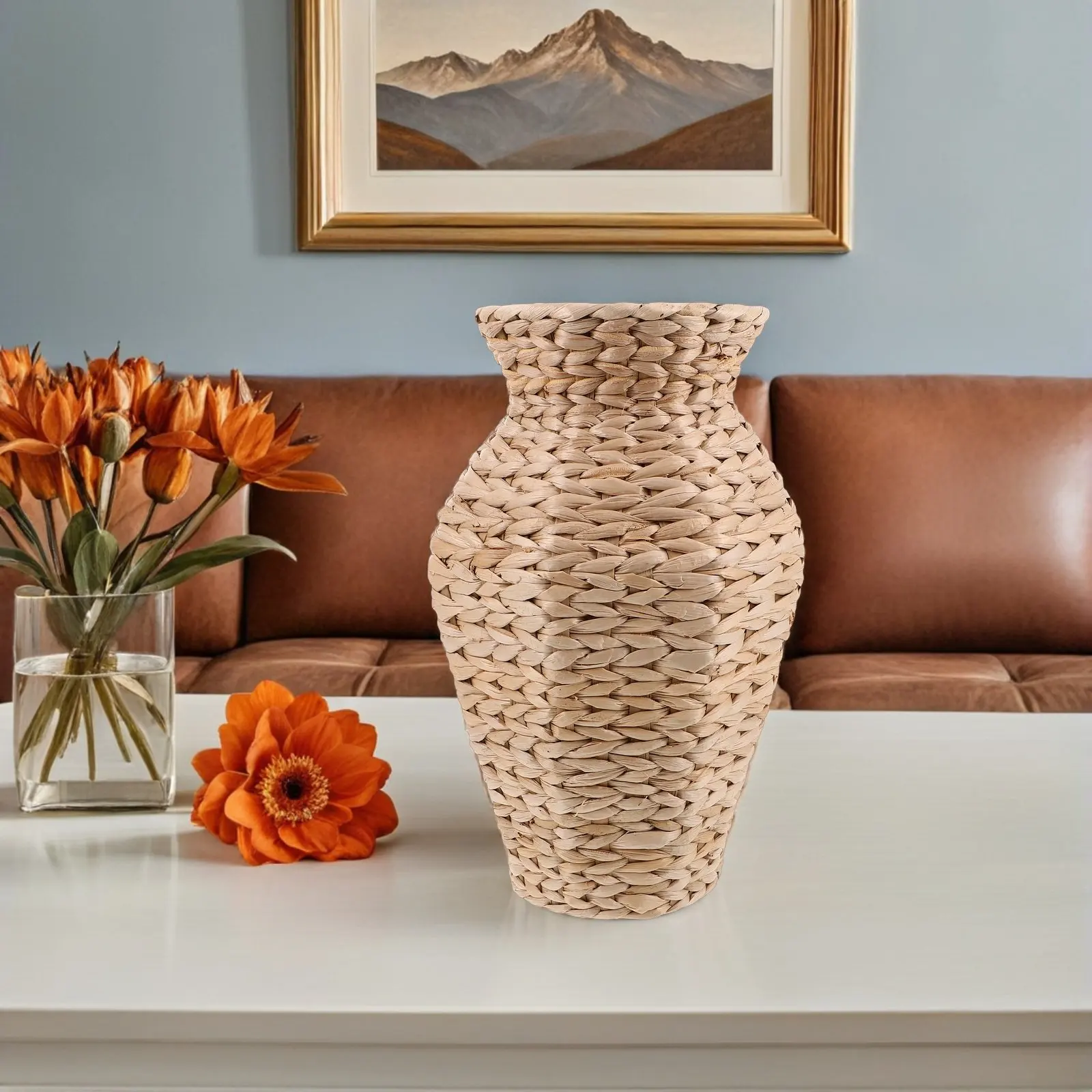 Handmade Woven Straw Vase Boho Flower Basket for Dried Artificial Flowers Rustic Home Decor