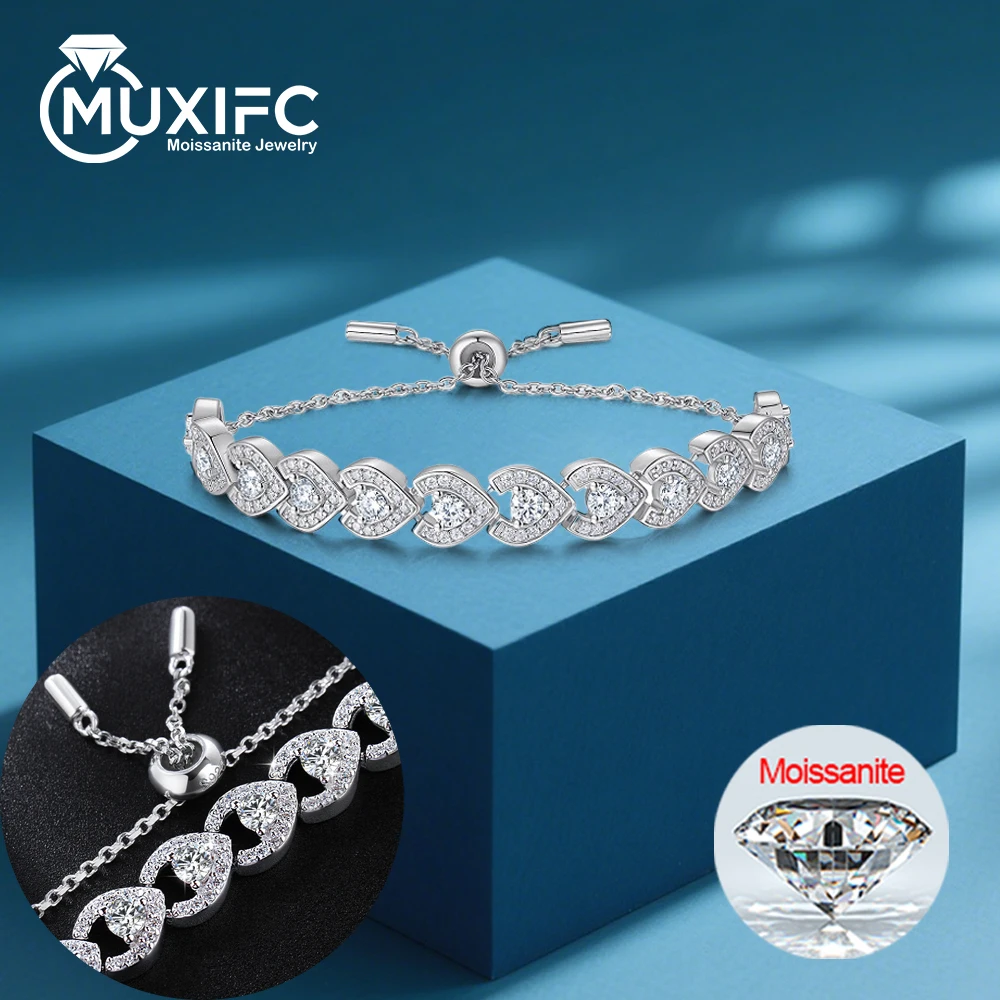 

MUXIFC Round Moissanite Bracelets Leaf Shaped Adjustable S925 Sterling Silver Wedding Bride Hand Chain for Women Jewelry Gift