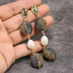 GG Natural Freshwater White Pearl Golden Macarsite Pave Oval Shape Beauty Stud Earrings For Women Simple Gifts
