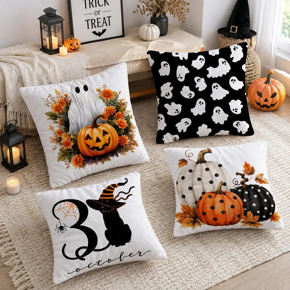 Halloween Party Ghost Pumpkin Cushion Cover Soft Short Plush Double-Sided Printing Sofa Home Decor Festival Pillow Case Gifts