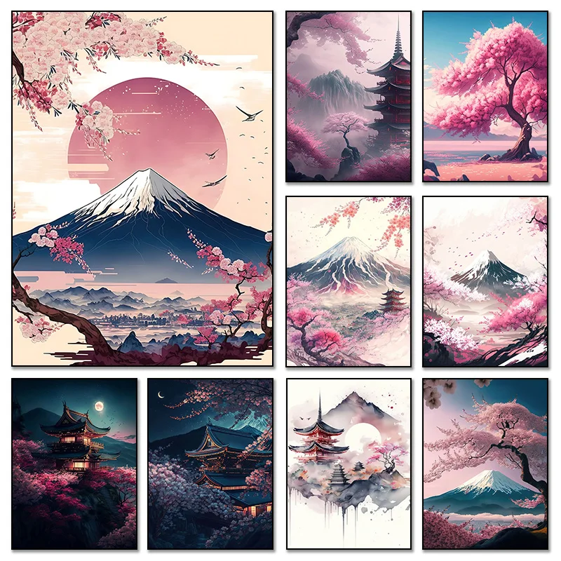 Japanese Cherry Blossom Fuji Mountain Sunset Tokyo Scenery Poster HD Printed Canvas Painting Wall Art Pictures Room Home Deco
