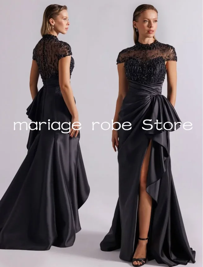 Fuchsia Lange Avond Formele Jurken Hoge Split Sparkly Crystal Hoge Hals Kapmouw Aangepaste kenzelabiye Galajurk