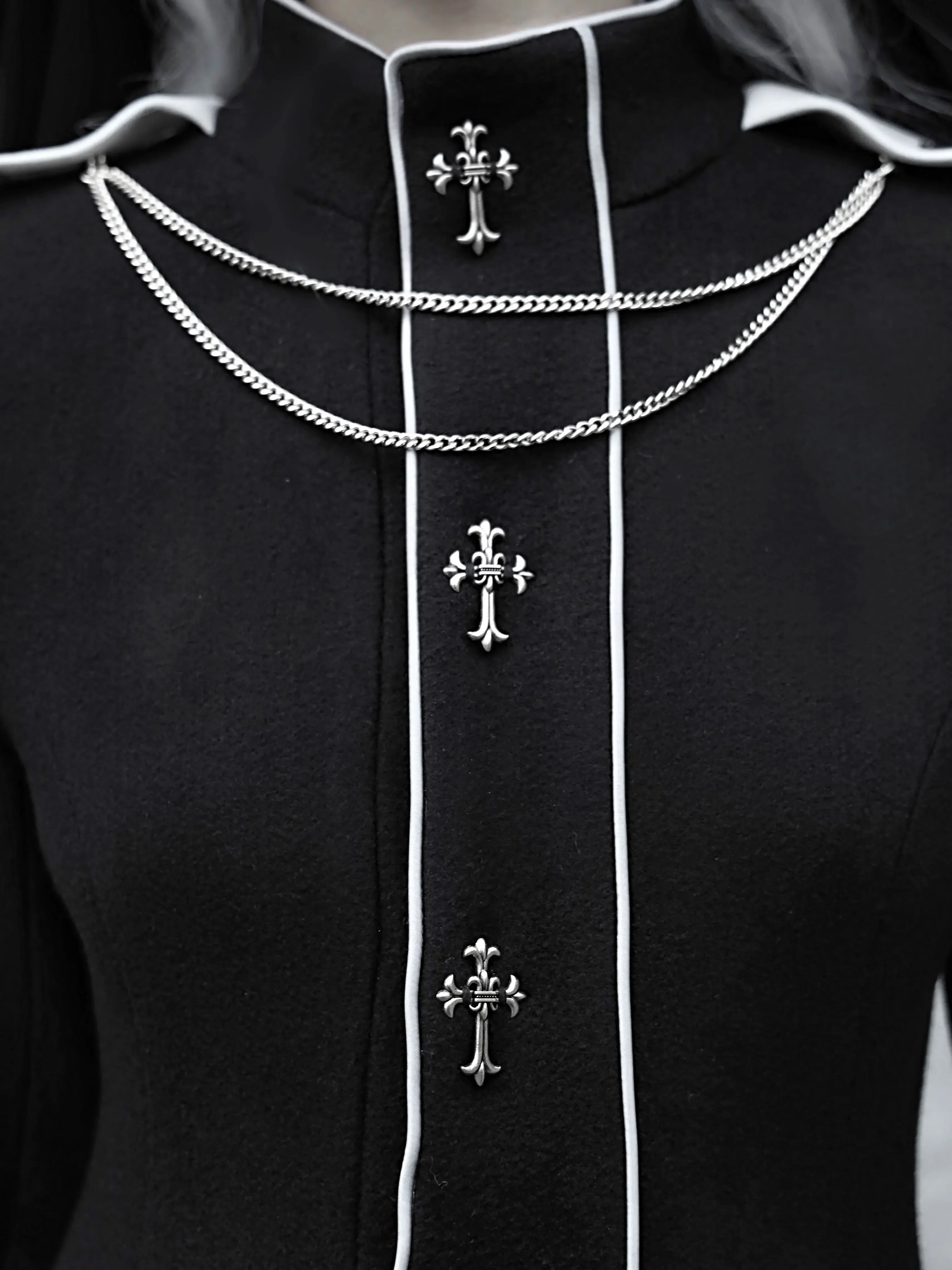 Blood Supply Nun Gothic Black Blends X-long Cross Patch Slim A-line Wool Blends Autumn Women Clothing Outwear