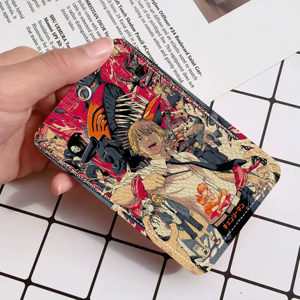 

Кожаный чехол-картхолдер для ID-карт и пропусков с брелоком и кольцом для ключей, дизайн «Аниме Человек-бензопила»