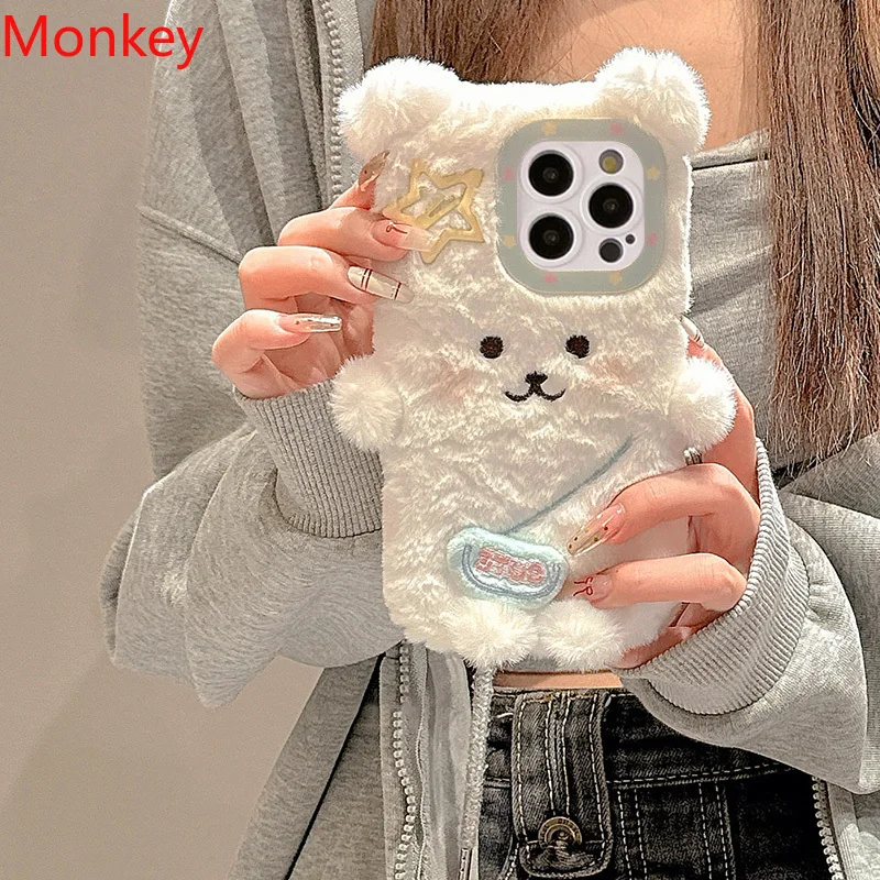 3D Ins Cute Cartoon Backpack Bear iPhone Cases For iPhone 16 Pro Max Case 15 14 Plus 13 12 11 Warm Winter Plush Soft Phone Cover