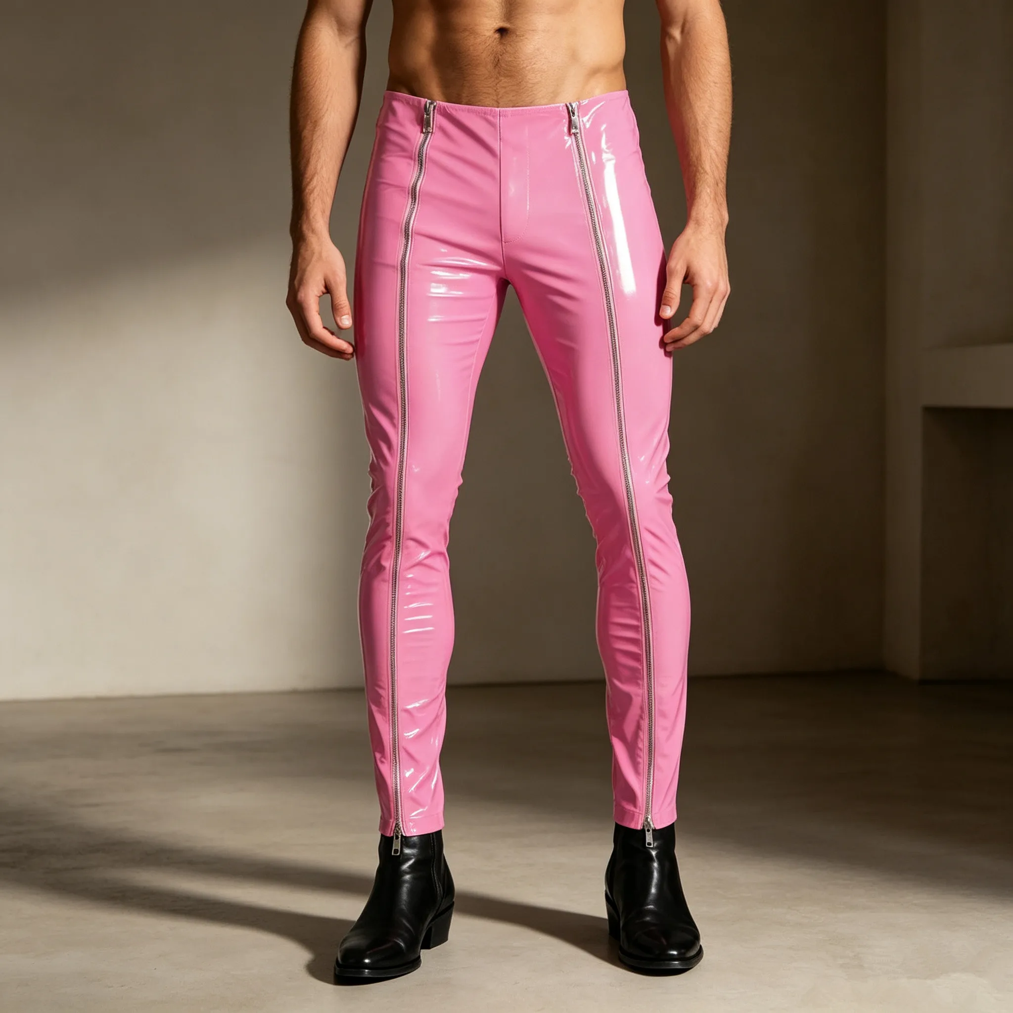 Adult Men Shiny Patent Leather Skinny Trousers Double Full‑Side Zippers Slim Pants Performance Costume Pants for Cosplay Party