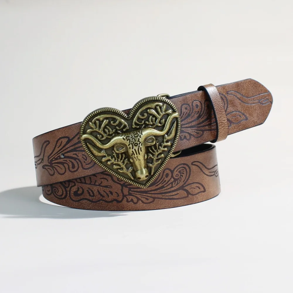 Men's and Women's Clothing — Western Cowboy Style PU Leather Belt — Vintage Belt with Printed Buckle for Jeans