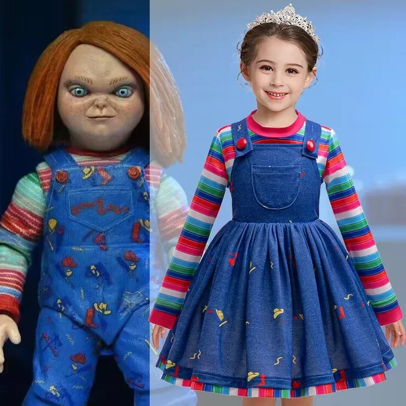 Movie Chucky Doll Cosplay Costume For Kids Striped Top+Print Suspender Dress For Little Girls Horror Halloween Carnival Dress Up