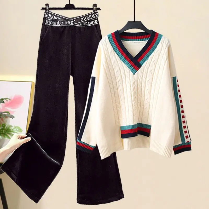 Fried Dough Twists Pattern Stitching V-neck Knitting Sweater Pullover Cross Wide Leg Pants Two-piece Elegant Women's Pant Set