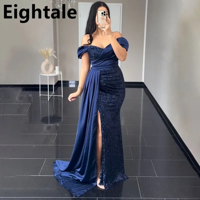 Customized Navy Blue Sequin Evening Dresses For Wedding Party Sexy Slit Off Shoulder Formal Prom Dress Dubai Party Gown