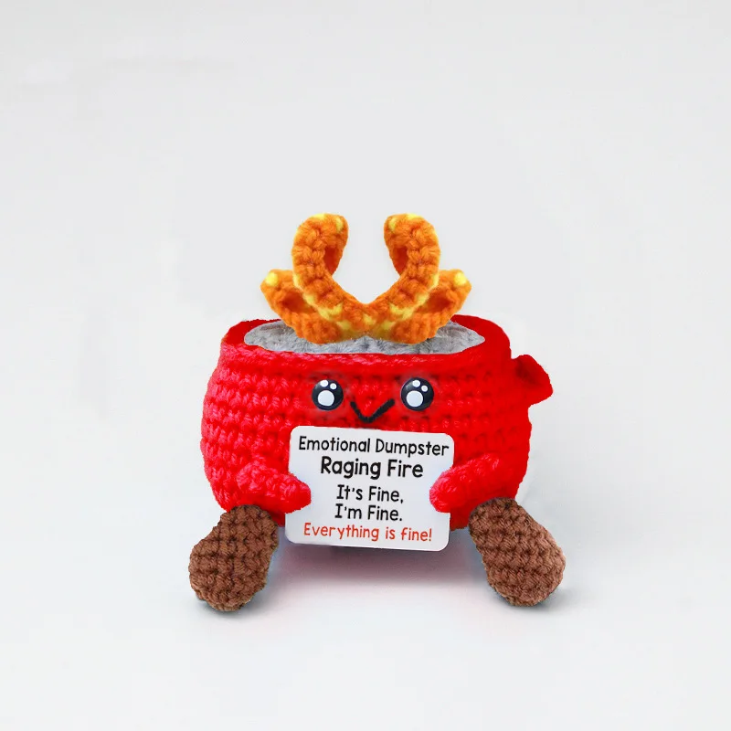 Cute Emotional Support Crochet Dumpster Fire Handmade Knitting Dumpster Fire Doll with Positive Words Christmas Gifts Desk Decor