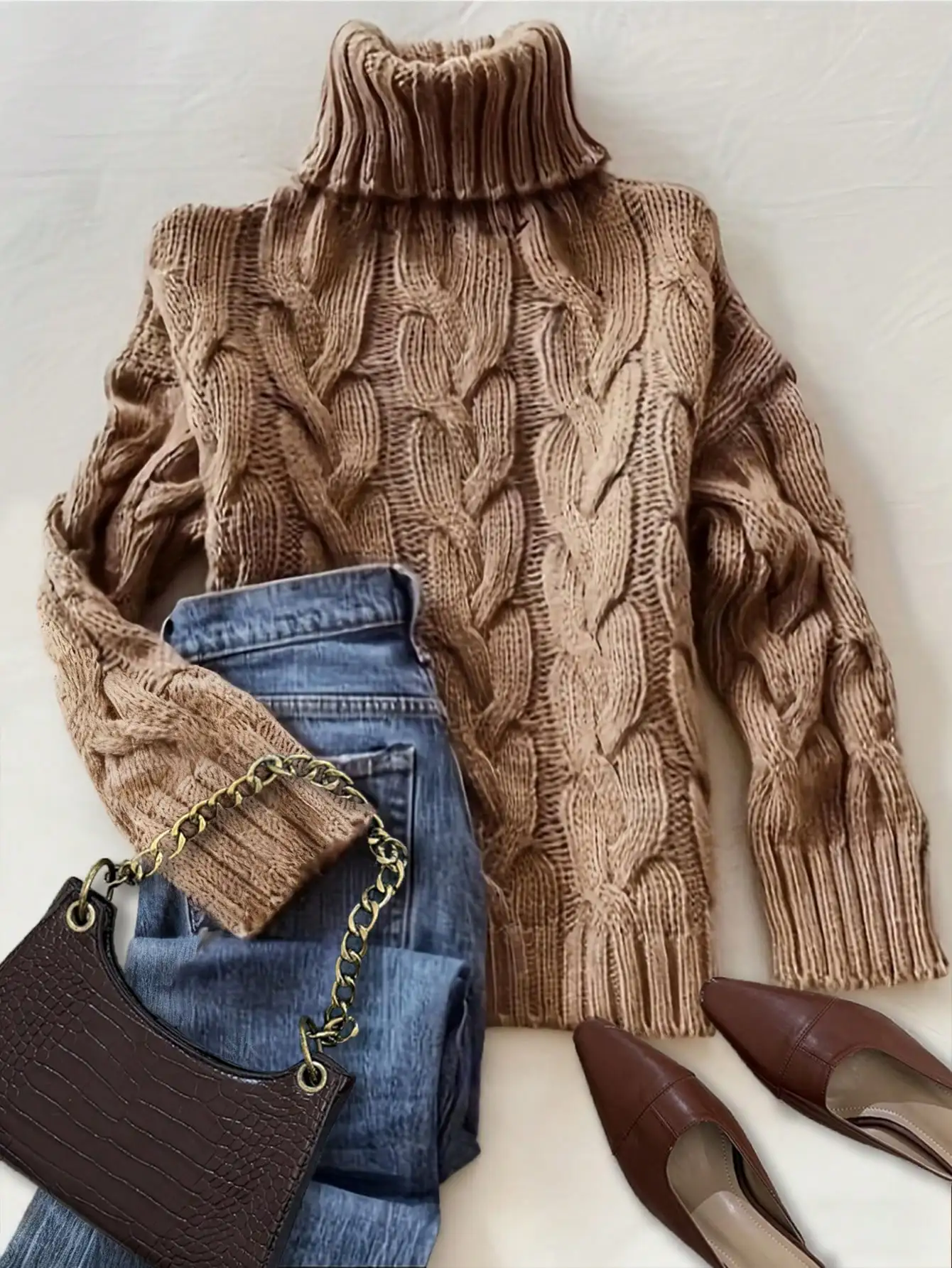 

Comfortable Brown Twisted Rope Sisal Pattern Textured High Neck Long Sleeve Sweater Knitted Pullover,Fall Clothes For Women,