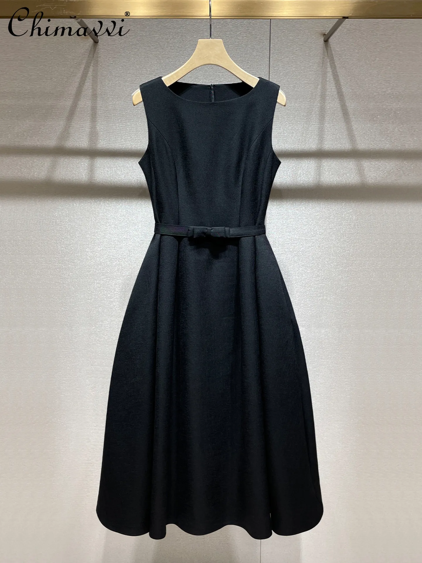 

2026 Summer French Elegant Socialite Black Evening Dress Crew Neck Sleeveless High Waist Bow A-line Temperament Long Dress Women